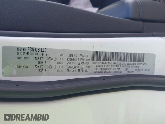 2018 Dodge Durango SXT with VIN 1C4RDHAG7JC371646, listed as a IAAI auction lot 42530885 with 117,742 mi miles and . Bid and sale history available at DreamBid. Image 9.