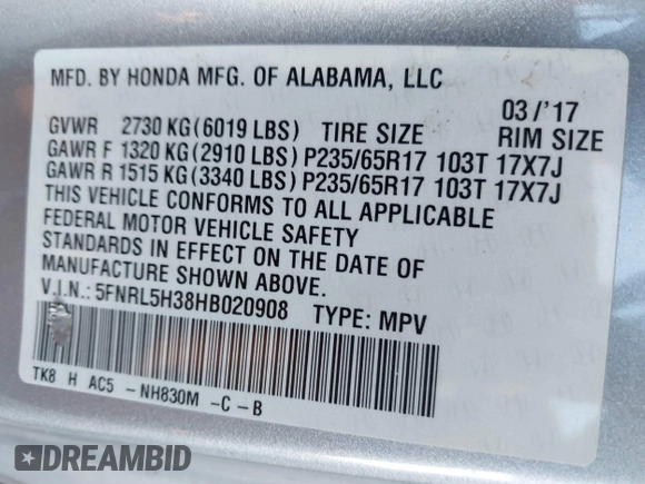 2017 Honda Odyssey SE with VIN 5FNRL5H38HB020908, listed as a IAAI auction lot 41239727 with 112,316 mi miles and . Bid and sale history available at carsss.com. Image 9.
