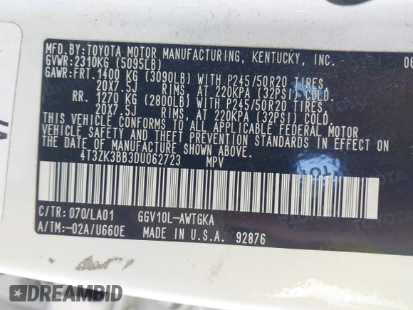 2013 Toyota Venza LE with VIN 4T3ZK3BB3DU062723, listed as a IAAI auction lot 41350689 with 164,070 mi miles. Bid and sale history available at carsss.com. Image 9.