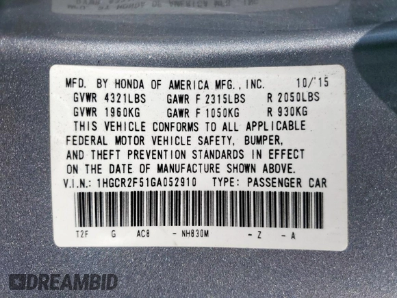 2016 Honda Accord Sport with VIN 1HGCR2F51GA052910, listed as a Copart auction lot 59615995 with 161,452 mi miles and Salvage title. Bid and sale history available at DreamBid. Image 13.