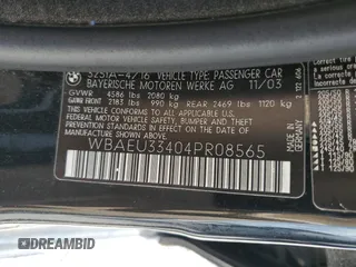 2004 BMW 3 Series 325xi with VIN WBAEU33404PR08565, listed as a Copart auction lot 57865215 with 253,784 mi miles and Salvage title. Bid and sale history available at DreamBid. Image 13.