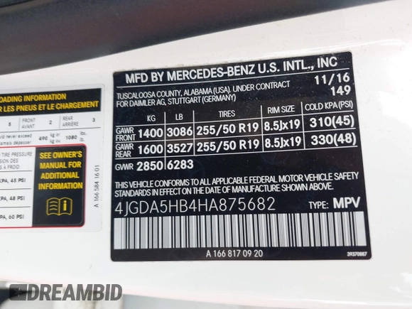 2017 Mercedes-Benz GLE 350 with VIN 4JGDA5HB4HA875682, listed as a IAAI auction lot 42198867 with 112,765 mi miles and . Bid and sale history available at DreamBid. Image 9.
