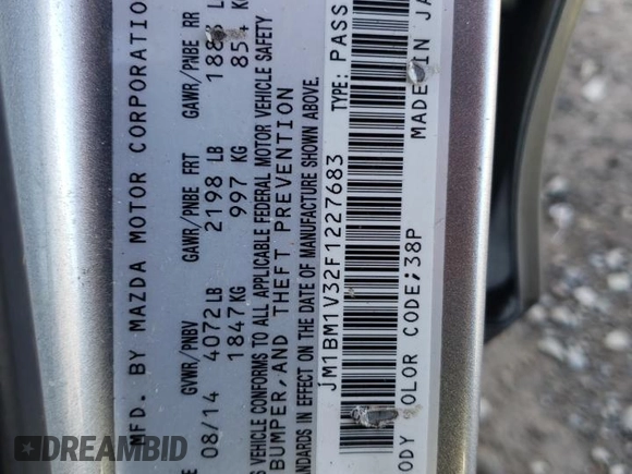 2015 Mazda 3 S Touring with VIN JM1BM1V32F1227683, listed as a Copart auction lot 43557945 with 121,981 mi miles and Salvage Title. Bid and sale history available at DreamBid. Image 12.