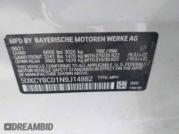 2022 BMW X6 M50i z VIN 5UXCY8C01N9J14882, wystawiony jako IAAI lot #41856966 z przebiegiem 22 893 mil mil oraz . Historia ofert i sprzedaży dostępna na DreamBid. Obrazek 9.