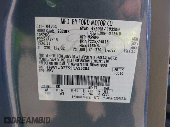 2005 Ford Escape XLS Value с VIN 1FMYU02Z55KA35384, выставлен на аукционе IAAI как лот 42244822 с пробегом 179 529 миль миль и . История ставок и продаж доступна на DreamBid. Изображение 9.