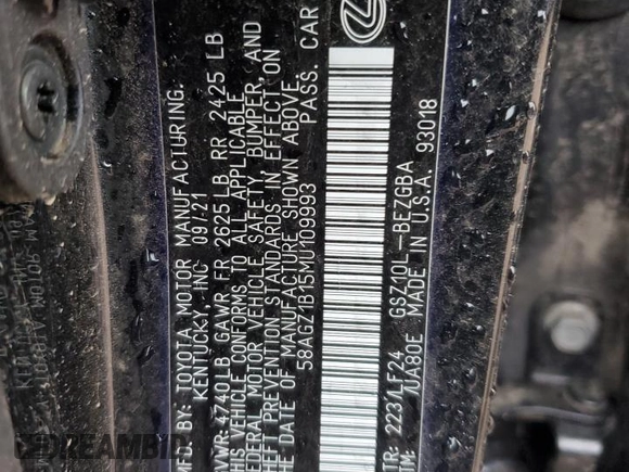 2021 Lexus ES 350 F Sport with VIN 58AGZ1B15MU109993, listed as a Copart auction lot 57430605 with Not provided miles and Salvage title. Bid and sale history available at DreamBid. Image 13.