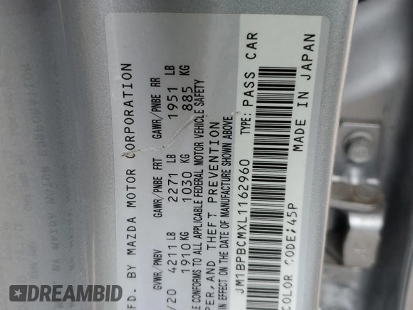2020 Mazda 3 S Carbon Edition z VIN JM1BPBCMXL1162960, wystawiony jako Copart lot #57603795 z przebiegiem 31 229 mil mil oraz Szkoda całkowita • Salvage title. Historia ofert i sprzedaży dostępna na DreamBid. Obrazek 12.