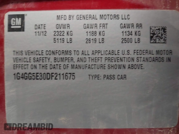 2013 Buick LaCrosse Premium 1 с VIN 1G4GG5E30DF211675, выставлен на аукционе IAAI как лот 42470252 с пробегом 110 005 миль миль и . История ставок и продаж доступна на DreamBid. Изображение 9.
