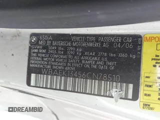 2006 BMW 6 Series 650Ci with VIN WBAEK13456CN78510, listed as a IAAI auction lot 42129703 with 131,096 mi miles and . Bid and sale history available at carsss.com. Image 9.