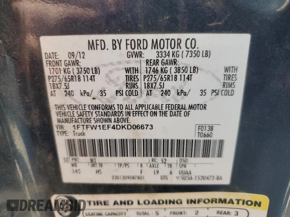 2013 Ford F-150 XL with VIN 1FTFW1EF4DKD06673, listed as a Copart auction lot 55938565 with 183,165 mi miles and Clean Title. Bid and sale history available at DreamBid. Image 12.