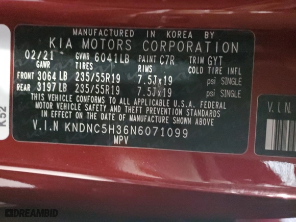 2022 Kia Carnival EX with VIN KNDNC5H36N6071099, listed as a Copart auction lot 66377394 with 74,434 mi miles and Salvage Title. Bid and sale history available at carsss.com. Image 13.