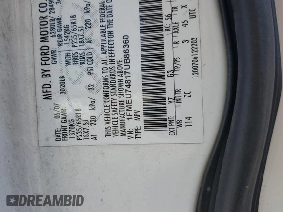 2007 Ford Explorer Eddie Bauer with VIN 1FMEU74817UB86360, listed as a Copart auction lot 55839065 with 154,170 mi miles and Salvage title. Bid and sale history available at DreamBid. Image 13.