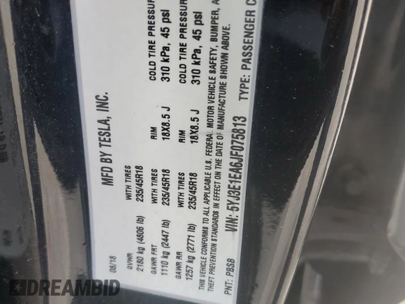 2018 Tesla Model 3 Long Range Battery with VIN 5YJ3E1EA6JF075813, listed as a Copart auction lot 52316125 with 101,460 mi miles and Salvage Title. Bid and sale history available at DreamBid. Image 13.