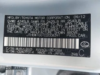 2013 Lexus ES 300h with VIN JTHBW1GG1D2008391, listed as a IAAI auction lot 42145055 with 127,722 mi miles and . Bid and sale history available at DreamBid. Image 9.