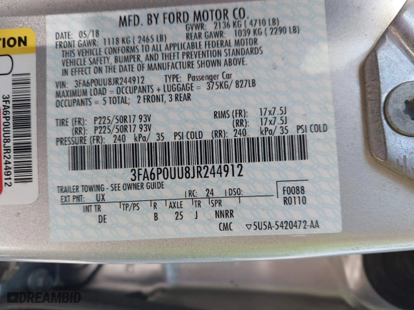 2018 Ford Fusion Hybrid S with VIN 3FA6P0UU8JR244912, listed as a IAAI auction lot 41742940 with 65,885 mi miles. Bid and sale history available at carsss.com. Image 9.