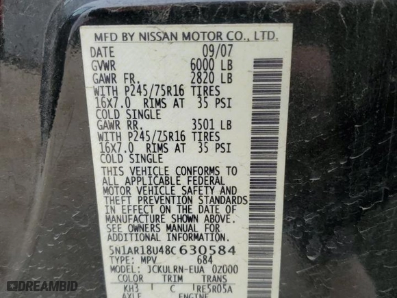 2008 Nissan Pathfinder S with VIN 5N1AR18U48C630584, listed as a Copart auction lot 48613585 with 168,697 mi miles and Clean Title. Bid and sale history available at carsss.com. Image 13.