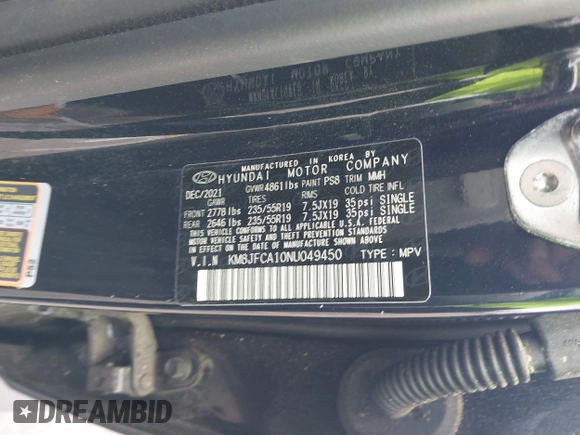 2022 Hyundai Tucson SEL Convenience with VIN KM8JFCA10NU049450, listed as a IAAI auction lot 41915300 with 23,584 mi miles and . Bid and sale history available at carsss.com. Image 9.