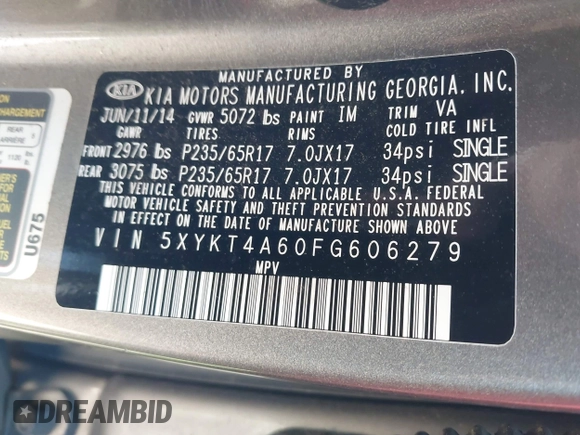 2015 Kia Sorento LX with VIN 5XYKT4A60FG606279, listed as a IAAI auction lot 41972303 with 123,033 mi miles. Bid and sale history available at carsss.com. Image 9.