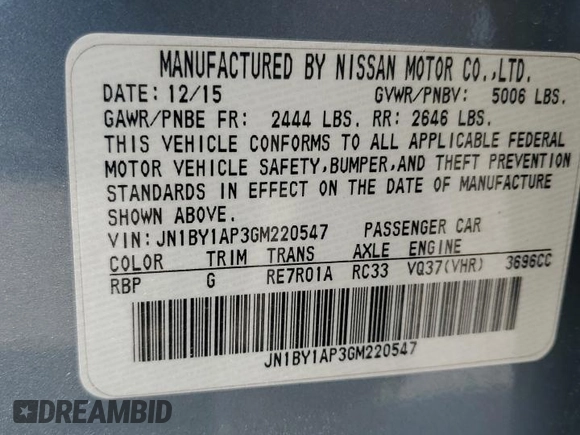 2016 Infiniti Q70 with VIN JN1BY1AP3GM220547, listed as a Copart auction lot 54203925 with Not provided miles and Salvage title. Bid and sale history available at DreamBid. Image 12.