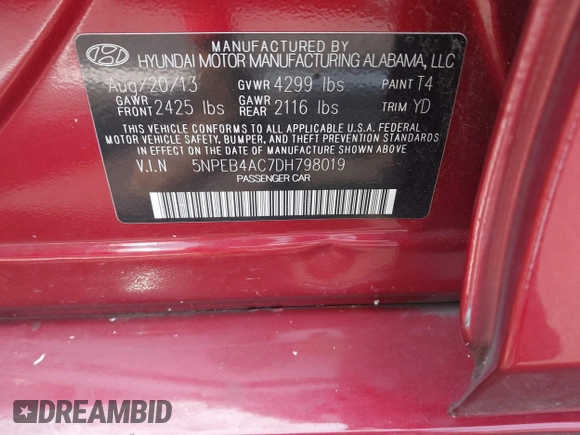2013 Hyundai Sonata GLS z VIN 5NPEB4AC7DH798019, wystawiony jako IAAI lot #42456870 z przebiegiem 88 583 mil mil oraz . Historia ofert i sprzedaży dostępna na DreamBid. Obrazek 9.