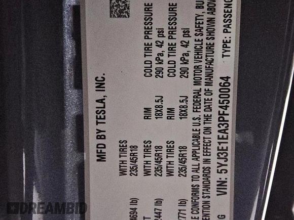 2023 Tesla Model 3 с VIN 5YJ3E1EA3PF450064, выставлен на аукционе Copart как лот 64900735 с пробегом 125 848 миль миль и Чистый • Clean title. История ставок и продаж доступна на DreamBid. Изображение 12.
