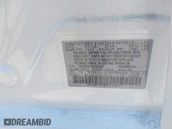 2019 Nissan Sentra S with VIN 3N1AB7AP5KY203397, listed as a IAAI auction lot 41783825 with 101,587 mi miles. Bid and sale history available at carsss.com. Image 9.