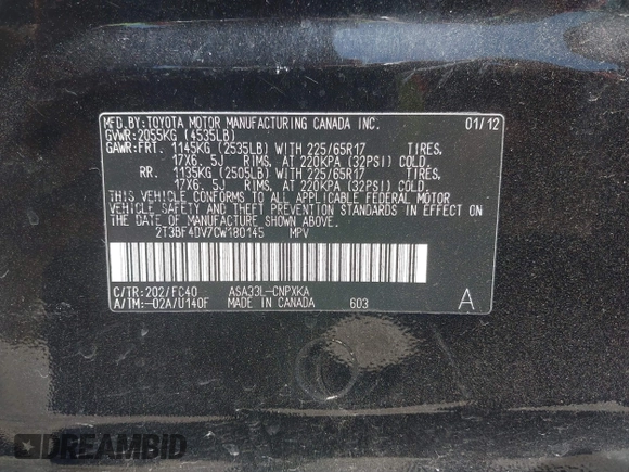 2012 Toyota RAV4 с VIN 2T3BF4DV7CW180145, выставлен на аукционе IAAI как лот 42226498 с пробегом 126 114 миль миль и . История ставок и продаж доступна на DreamBid. Изображение 9.