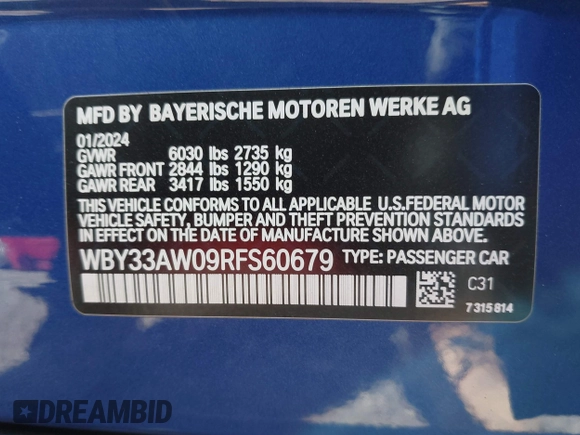 2024 BMW i4 M50 z VIN WBY33AW09RFS60679, wystawiony jako IAAI lot #41983706 z przebiegiem 2665 mil mil oraz . Historia ofert i sprzedaży dostępna na DreamBid. Obrazek 9.