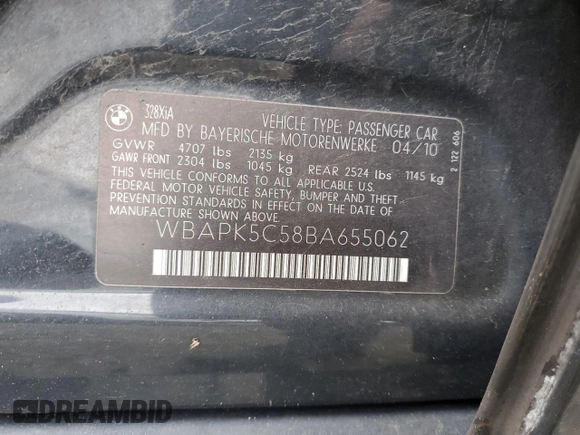 2011 BMW 3 Series 328i xDrive with VIN WBAPK5C58BA655062, listed as a Copart auction lot 61531785 with 211,145 mi miles and Salvage title. Bid and sale history available at DreamBid. Image 12.