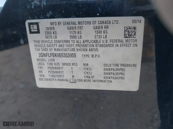 2014 Chevrolet Equinox LT with VIN 2GNFLFEK9E6353955, listed as a IAAI auction lot 41457568 with 162,405 mi miles. Bid and sale history available at carsss.com. Image 9.