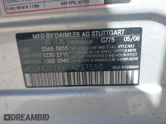 2008 Mercedes-Benz S 550 with VIN WDDNG71XX8A237550, listed as a IAAI auction lot 41682697 with 125,301 mi miles and . Bid and sale history available at DreamBid. Image 9.