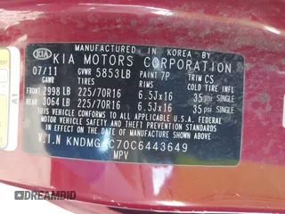 2012 Kia Sedona LX with VIN KNDMG4C70C6443649, listed as a IAAI auction lot 41662007 with 208,575 mi miles. Bid and sale history available at carsss.com. Image 9.