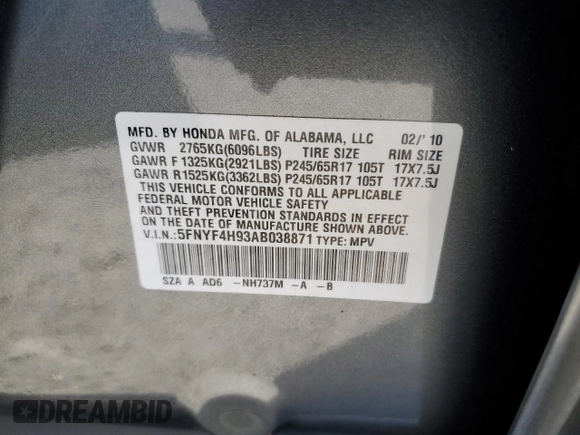2010 Honda Pilot Touring with VIN 5FNYF4H93AB038871, listed as a Copart auction lot 53240375 with 211,397 mi miles and Salvage Title. Bid and sale history available at carsss.com. Image 13.