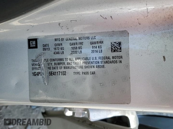 2014 Buick Verano Convenience Group z VIN 1G4PR5SK5E4117102, wystawiony jako Copart lot #59953975 z przebiegiem 132 582 mil mil oraz Szkoda całkowita • Salvage title. Historia ofert i sprzedaży dostępna na DreamBid. Obrazek 12.