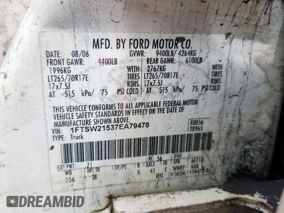 2007 Ford F-250 XL with VIN 1FTSW21537EA79478, listed as a Copart auction lot 61970925 with 183,017 mi miles and Clean title. Bid and sale history available at DreamBid. Image 13.