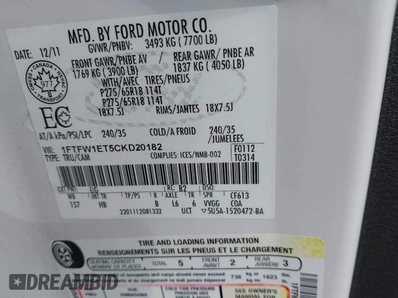 2012 Ford F-150 XL с VIN 1FTFW1ET5CKD20182, выставлен на аукционе IAAI как лот 42394366 с пробегом 267 467 миль миль и . История ставок и продаж доступна на DreamBid. Изображение 9.
