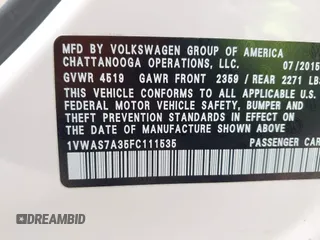 2015 Volkswagen Passat S with VIN 1VWAS7A35FC111535, listed as a IAAI auction lot 42438546 with 176,681 mi miles and . Bid and sale history available at DreamBid. Image 9.