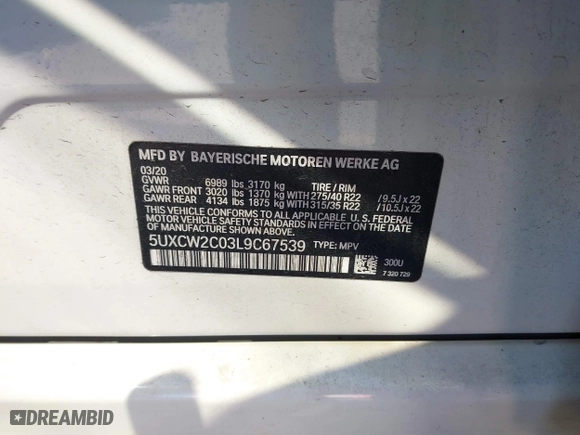 2020 BMW X7 xDrive40i with VIN 5UXCW2C03L9C67539, listed as a IAAI auction lot 41261357 with 46,654 mi miles. Bid and sale history available at carsss.com. Image 9.