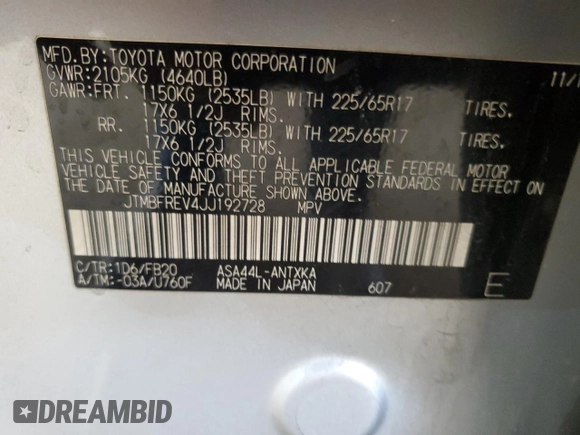 2018 Toyota RAV4 LE with VIN JTMBFREV4JJ192728, listed as a Copart auction lot 48148025 with 58,002 mi miles and Salvage title. Bid and sale history available at DreamBid. Image 13.