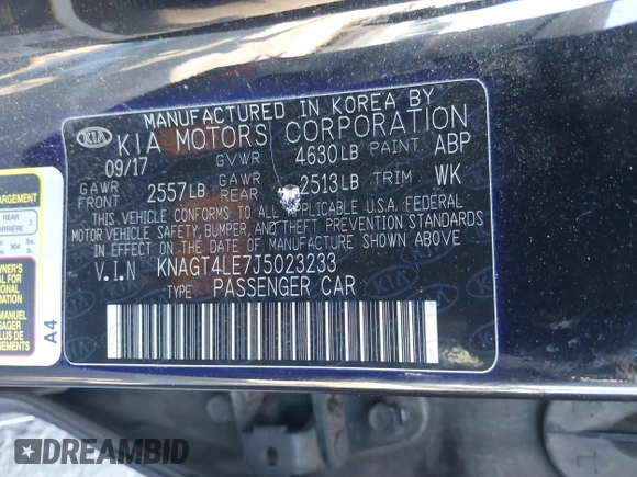 2018 Kia Optima Hybrid Premium with VIN KNAGT4LE7J5023233, listed as a IAAI auction lot 41276207 with 152,381 mi miles. Bid and sale history available at carsss.com. Image 9.