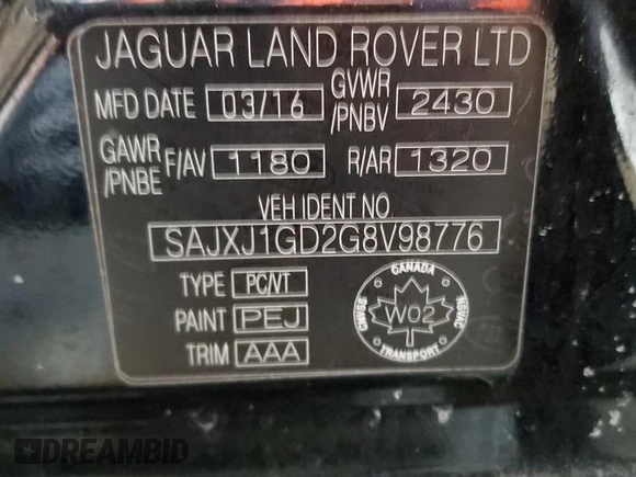 2016 Jaguar XJ with VIN SAJXJ1GD2G8V98776, listed as a Copart auction lot 41959995 with 77,391 mi miles and Salvage title. Bid and sale history available at DreamBid. Image 14.
