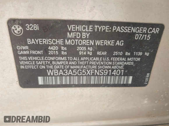 2015 BMW 3 Series 328i with VIN WBA3A5G5XFNS91401, listed as a IAAI auction lot 42657620 with Not provided miles and . Bid and sale history available at DreamBid. Image 9.