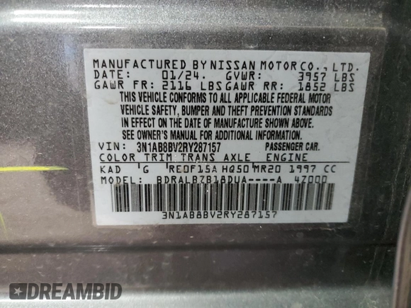 2024 Nissan Sentra S with VIN 3N1AB8BV2RY287157, listed as a Copart auction lot 51660145 with 22,636 mi miles and Salvage Title. Bid and sale history available at DreamBid. Image 12.