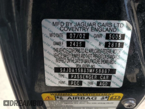 2003 Jaguar XJ with VIN SAJDA15B83MF58887, listed as a Copart auction lot 51057895 with 189,770 mi miles and Clean title. Bid and sale history available at DreamBid. Image 12.
