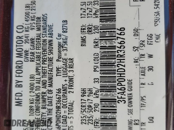 2017 Ford Fusion SE with VIN 3FA6P0HD2HR366766, listed as a Copart auction lot 52972755 with Not Provided miles and Salvage Title. Bid and sale history available at DreamBid. Image 12.