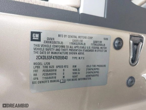 2007 Pontiac Torrent with VIN 2CKDL63F476059543, listed as a IAAI auction lot 41527753 with 30139 miles. Bid and sale history available at carsss.com. Image 9.