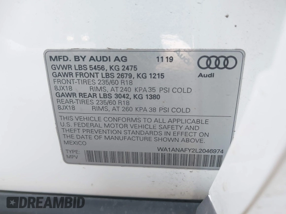 2020 Audi Q5 Premium z VIN WA1ANAFY2L2046974, wystawiony jako IAAI lot #41933942 z przebiegiem 53 911 mil mil oraz . Historia ofert i sprzedaży dostępna na DreamBid. Obrazek 9.