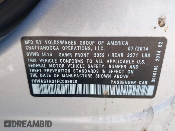 2015 Volkswagen Passat S with VIN 1VWAS7A31FC009620, listed as a IAAI auction lot 41999430 with 129,852 mi miles and . Bid and sale history available at DreamBid. Image 12.