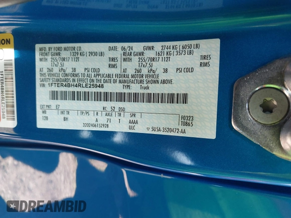 2024 Ford Ranger XL with VIN 1FTER4BH4RLE25948, listed as a IAAI auction lot 41942413 with Not provided miles and . Bid and sale history available at DreamBid. Image 9.