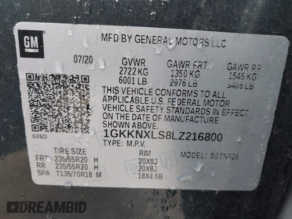 2020 GMC Acadia Denali with VIN 1GKKNXLS8LZ216800, listed as a IAAI auction lot 41822962 with 48,151 mi miles and . Bid and sale history available at DreamBid. Image 9.
